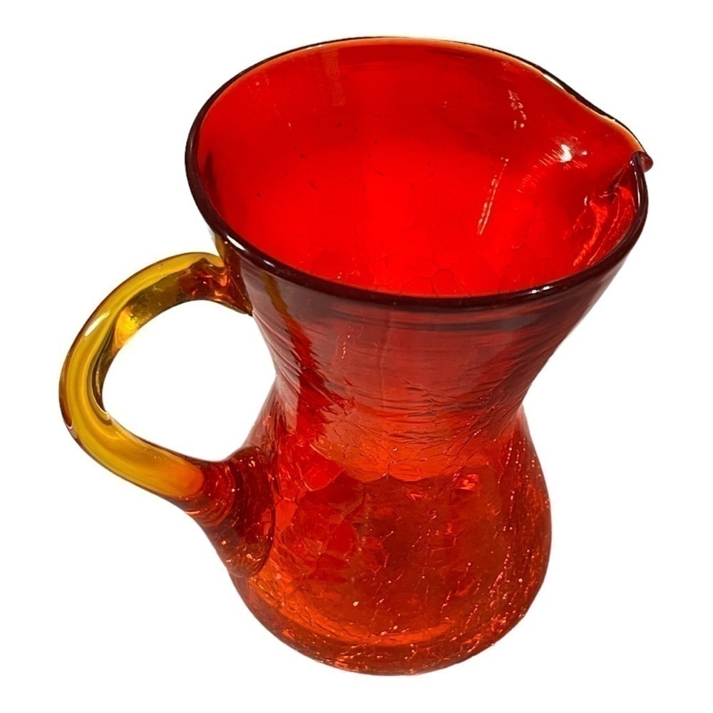 Red Crackle Glass Pitcher with Amber Handle